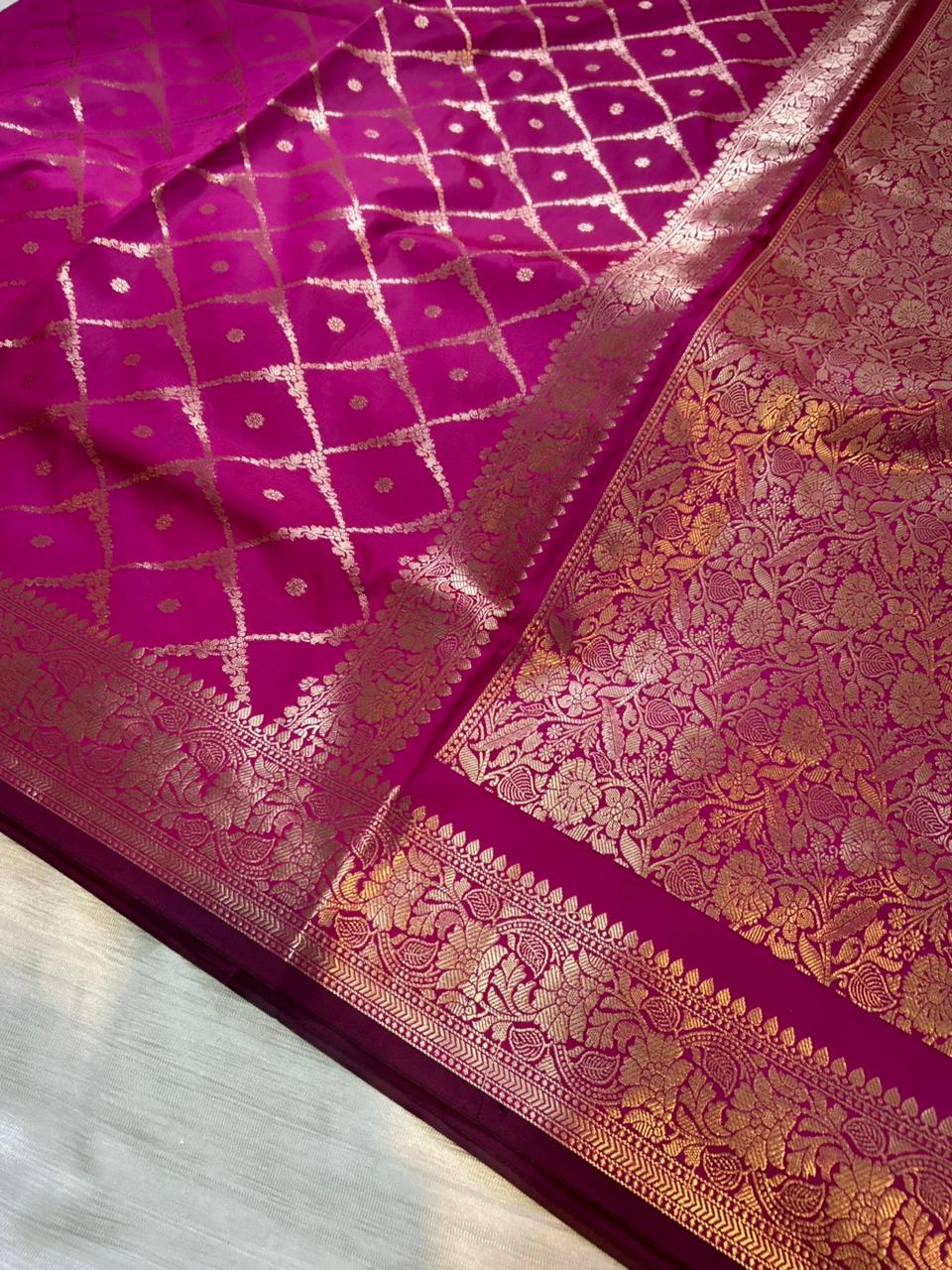 Maharani Pink Geometrical Jal Semi Katan Silk Banarasi Saree with Brocade Blouse | Lightweight Zari Woven Saree