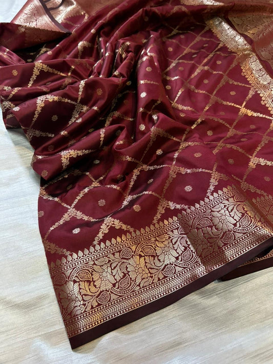 Maroon Geometrical Jal Semi Katan Silk Banarasi Saree with Brocade Blouse | Lightweight Zari Woven Saree