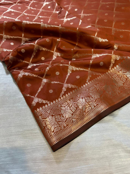 Rustic Orange Geometrical Jal Semi Katan Silk Banarasi Saree with Brocade Blouse | Lightweight Zari Woven Saree