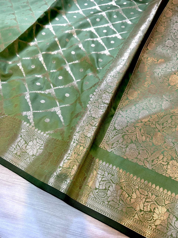 Pista Green Geometrical Jal Semi Katan Silk Banarasi Saree with Brocade Blouse | Lightweight Zari Woven Saree