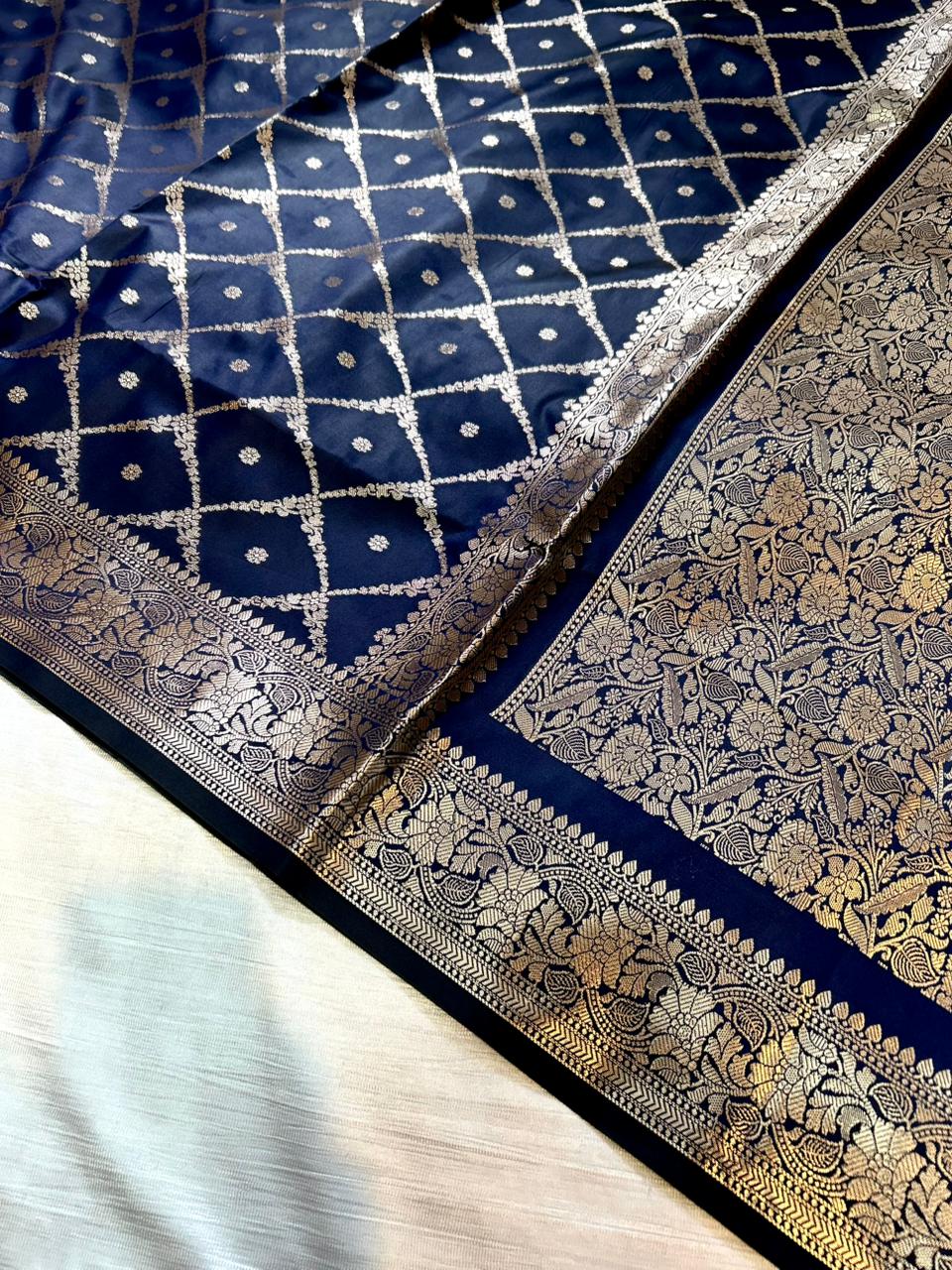 Dark Blue Geometrical Jal Semi Katan Silk Banarasi Saree with Brocade Blouse | Lightweight Zari Woven Saree