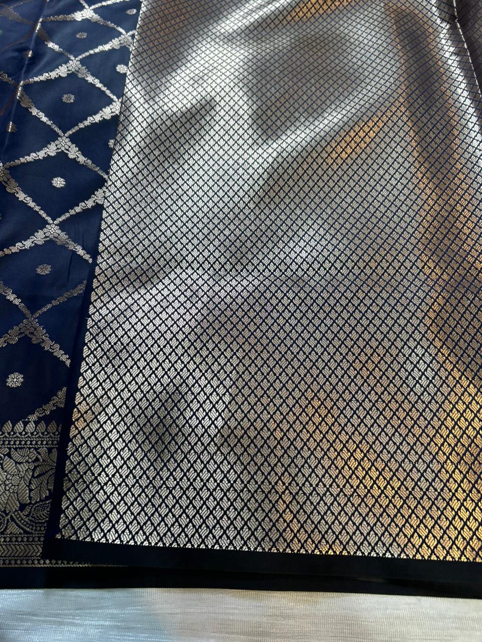 Dark Blue Geometrical Jal Semi Katan Silk Banarasi Saree with Brocade Blouse | Lightweight Zari Woven Saree