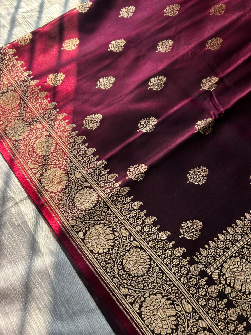 Wine Satin Silk Saree with Copper Zari | Soft Lightweight Party Wear Saree