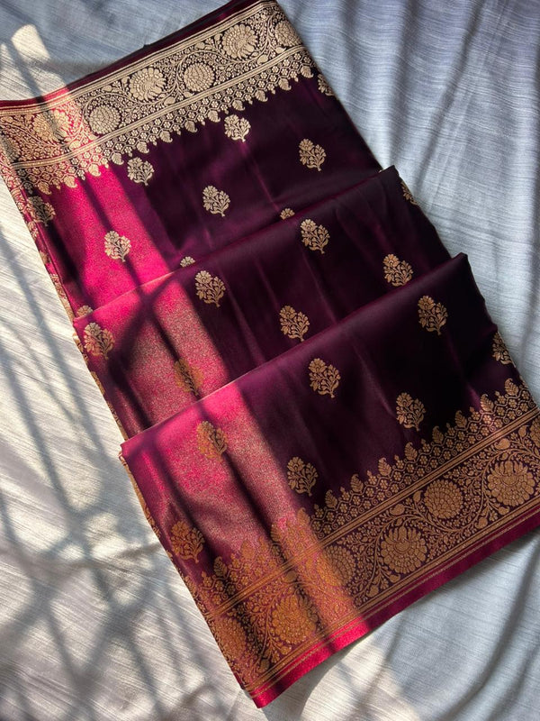 Wine Satin Silk Saree with Copper Zari | Soft Lightweight Party Wear Saree