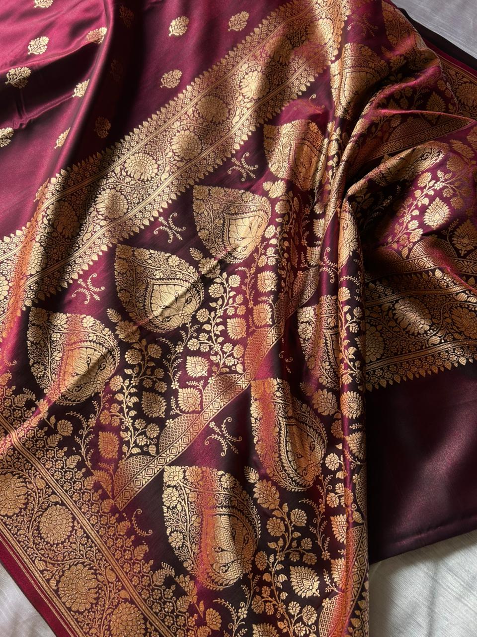 Wine Satin Silk Saree with Copper Zari | Soft Lightweight Party Wear Saree
