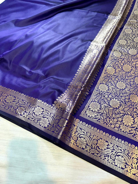 Navy Blue Plain Semi Katan Silk Banarasi Saree with Brocade Blouse | Lightweight Zari Woven Saree