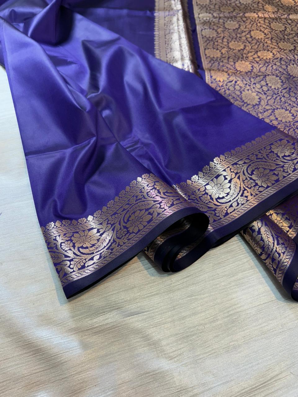 Navy Blue Plain Semi Katan Silk Banarasi Saree with Brocade Blouse | Lightweight Zari Woven Saree