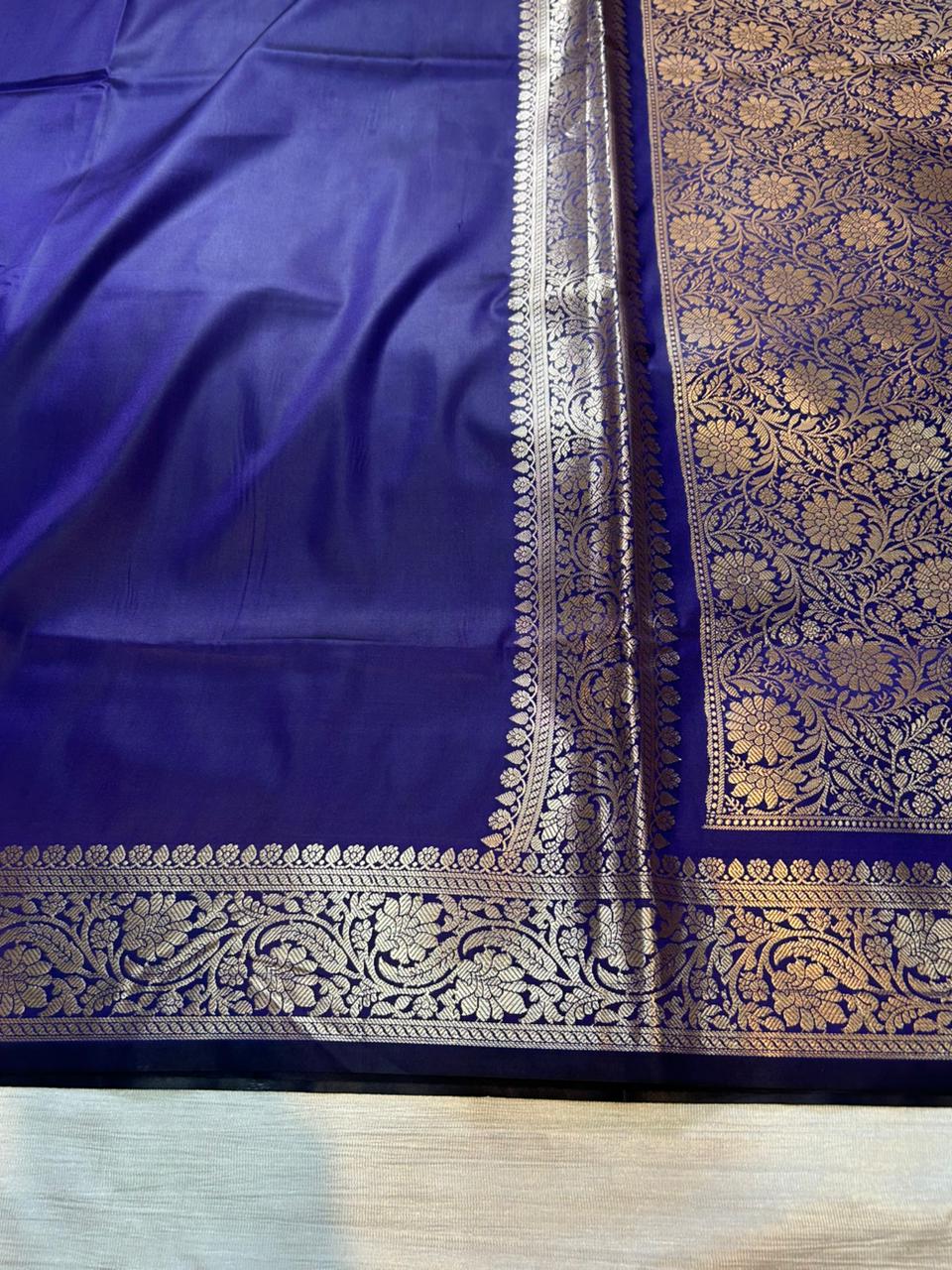 Navy Blue Plain Semi Katan Silk Banarasi Saree with Brocade Blouse | Lightweight Zari Woven Saree