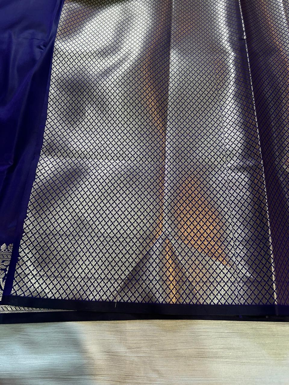 Navy Blue Plain Semi Katan Silk Banarasi Saree with Brocade Blouse | Lightweight Zari Woven Saree