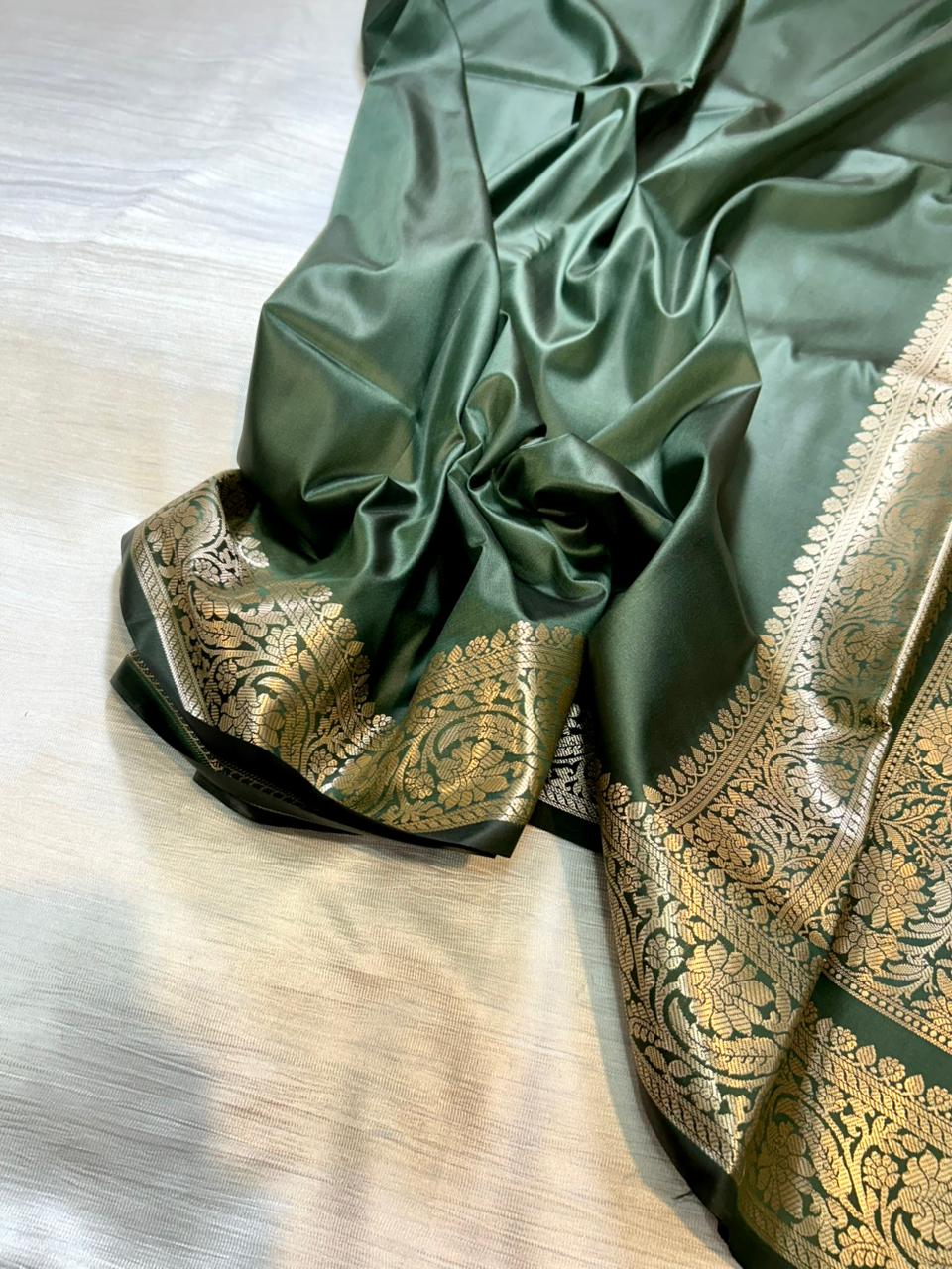 Army Green Semi Katan Silk Banarasi Saree with Brocade Blouse | Lightweight Golden Zari Woven Saree