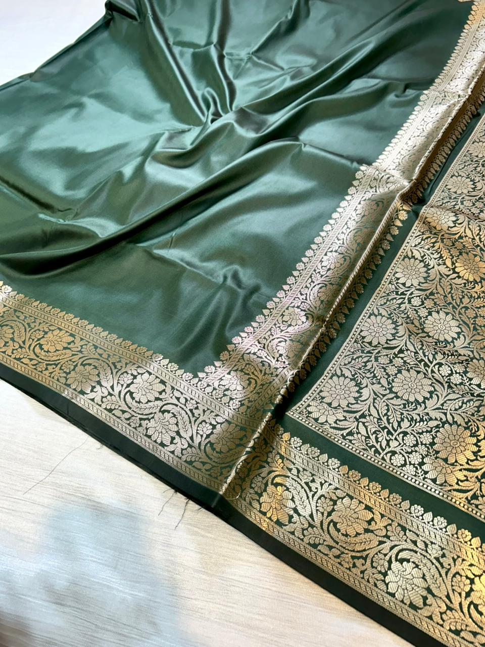 Army Green Semi Katan Silk Banarasi Saree with Brocade Blouse | Lightweight Golden Zari Woven Saree