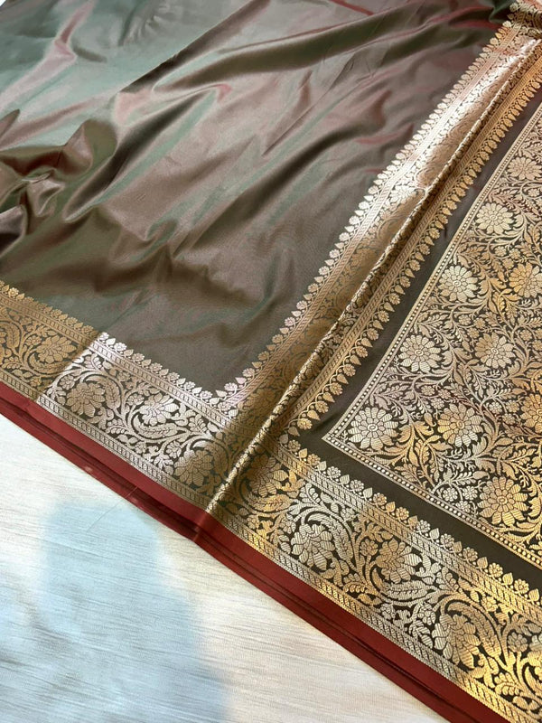 Dhoop Chaanv Dual Shade Green Semi Katan Silk Banarasi Saree with Brocade Blouse | Lightweight Zari Woven Saree