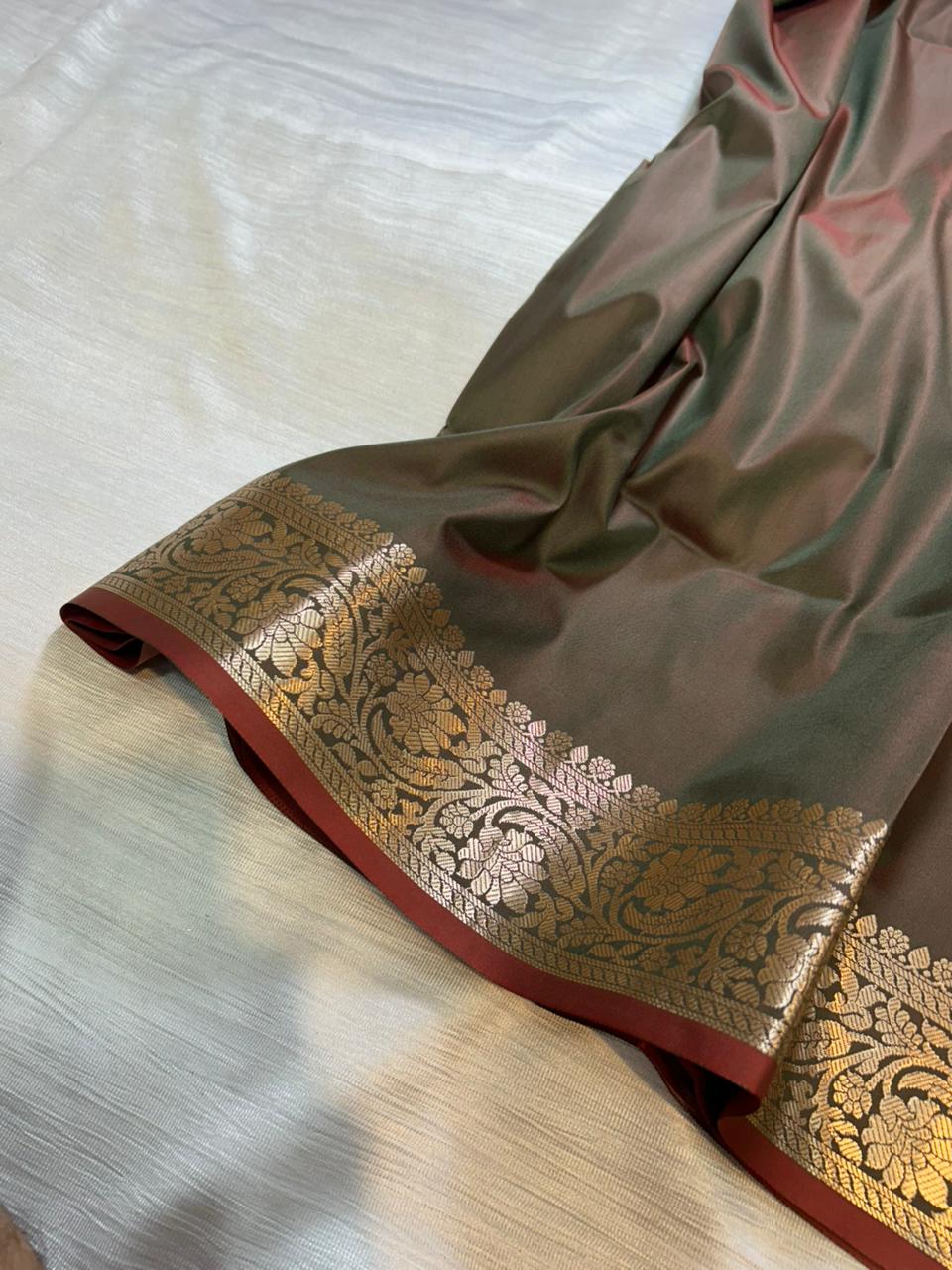 Dhoop Chaanv Dual Shade Green Semi Katan Silk Banarasi Saree with Brocade Blouse | Lightweight Zari Woven Saree