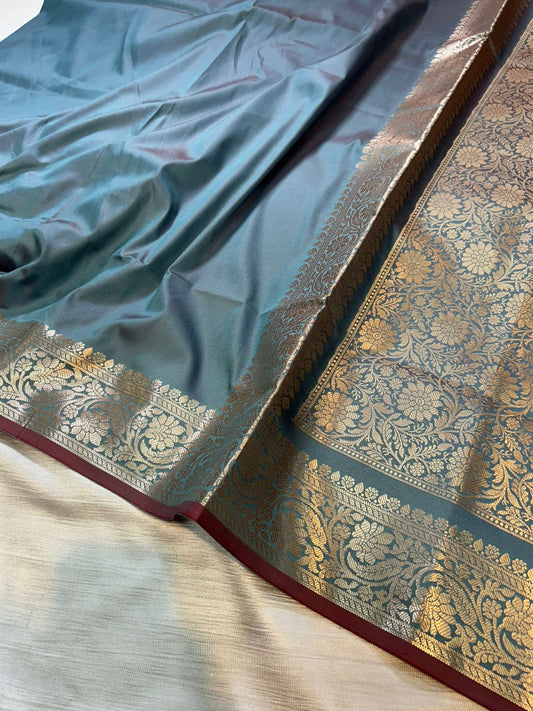 Dark Cloudy Blue Plain Semi Katan Silk Banarasi Saree with Brocade Blouse | Lightweight Golden Zari Saree