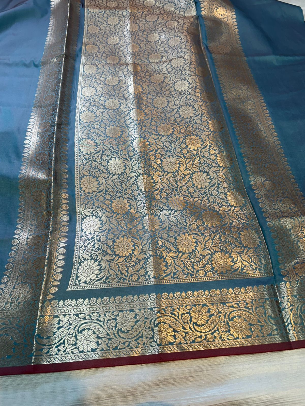 Dark Cloudy Blue Plain Semi Katan Silk Banarasi Saree with Brocade Blouse | Lightweight Golden Zari Saree