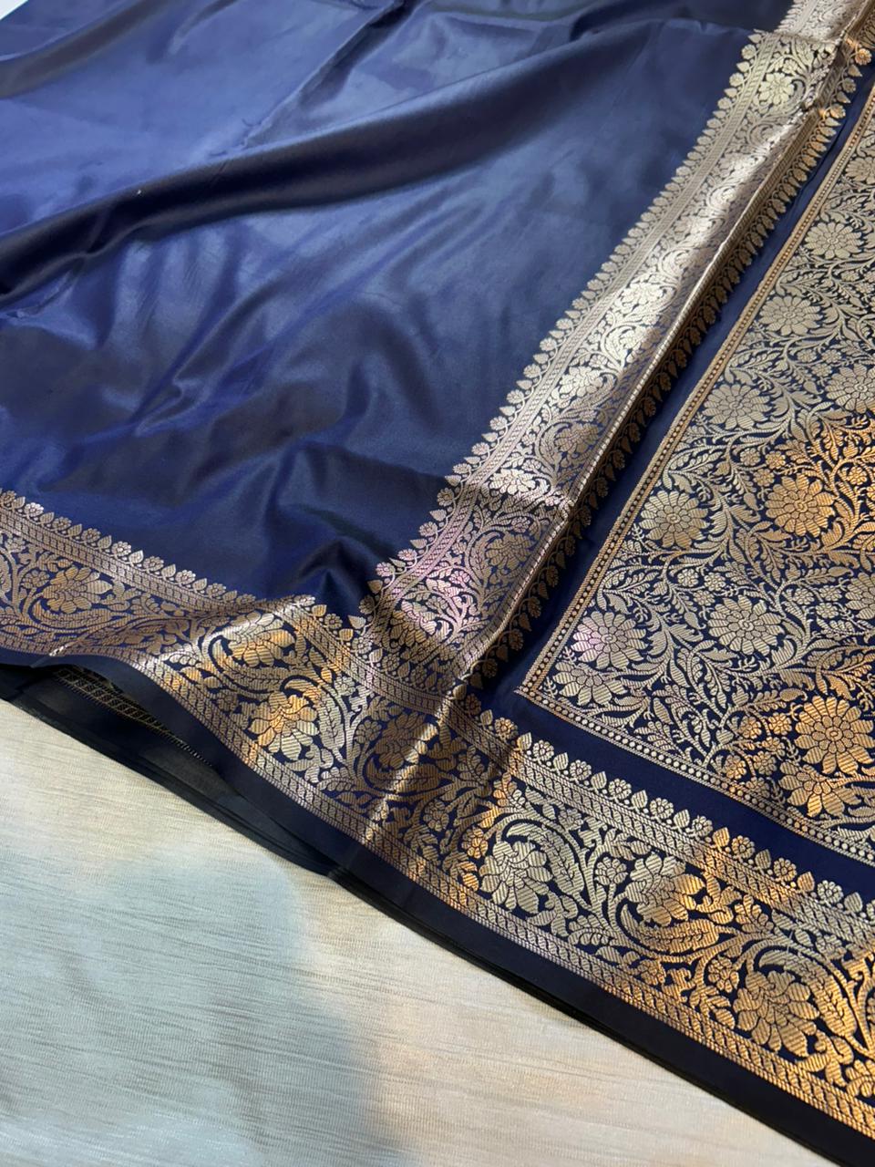 Navy Blue Plain Semi Katan Silk Banarasi Saree with Brocade Blouse | Lightweight Golden Zari Woven Saree