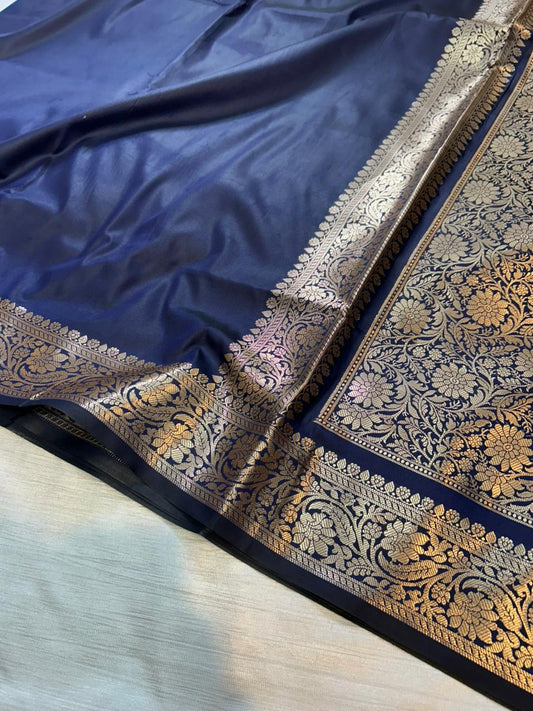 Navy Blue Plain Semi Katan Silk Banarasi Saree with Brocade Blouse | Lightweight Golden Zari Woven Saree