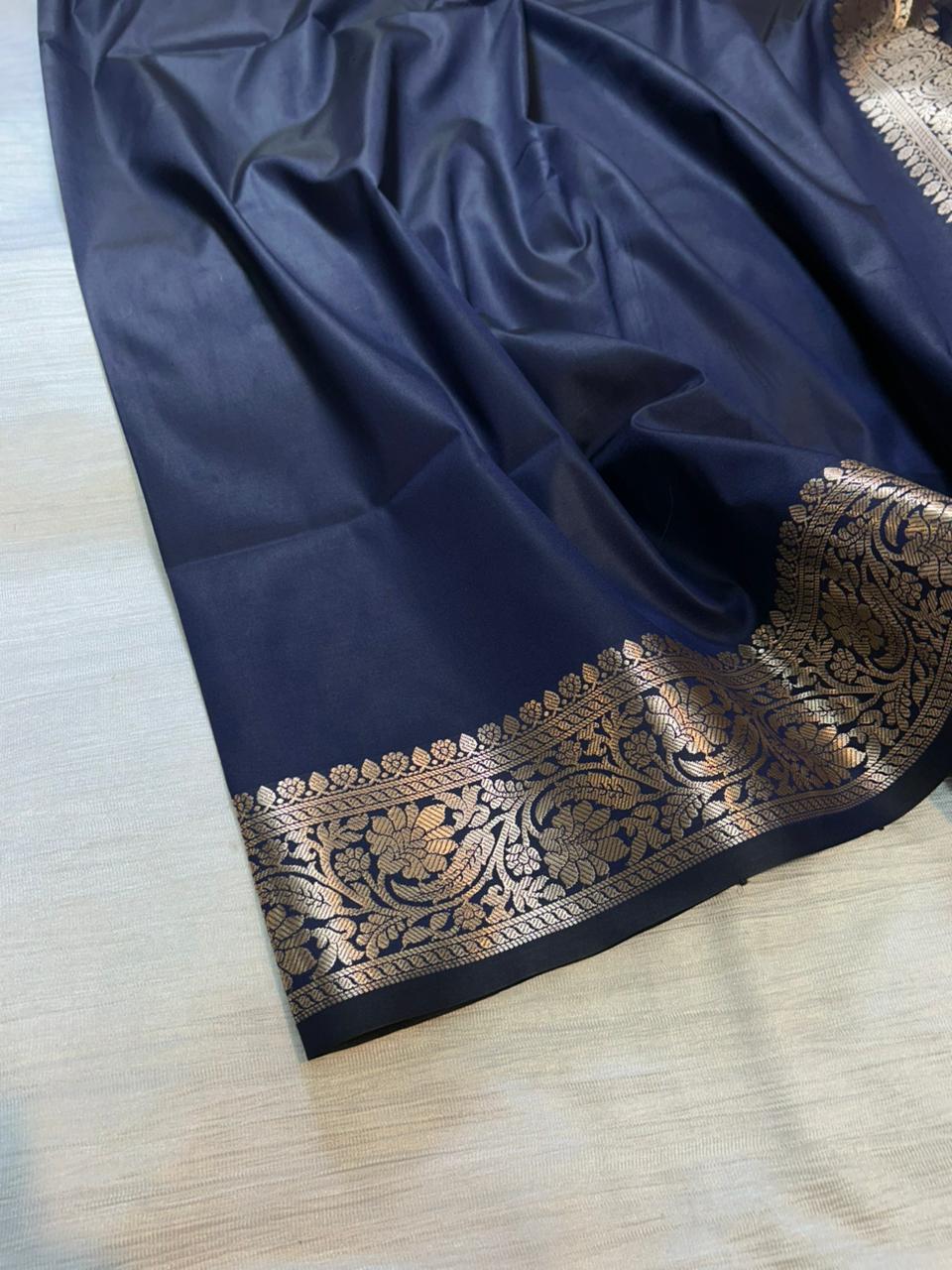 Navy Blue Plain Semi Katan Silk Banarasi Saree with Brocade Blouse | Lightweight Golden Zari Woven Saree