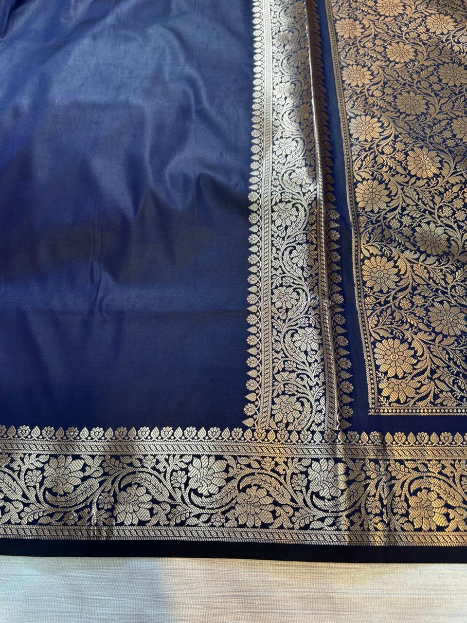 Navy Blue Plain Semi Katan Silk Banarasi Saree with Brocade Blouse | Lightweight Golden Zari Woven Saree