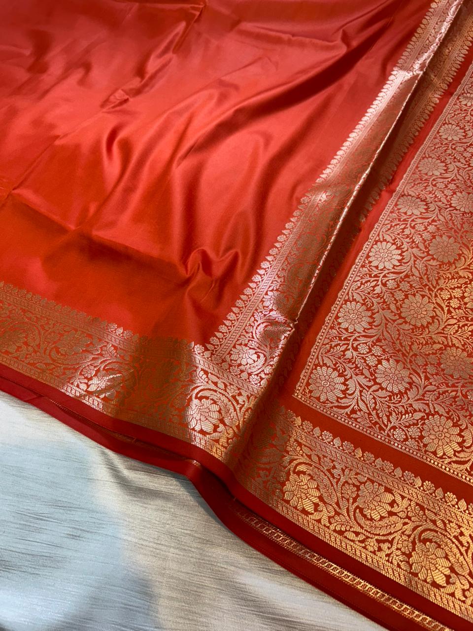 iPhone Orange Plain Semi Katan Silk Banarasi Saree with Brocade Blouse | Lightweight Golden Zari Saree