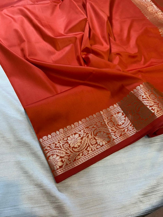 iPhone Orange Plain Semi Katan Silk Banarasi Saree with Brocade Blouse | Lightweight Golden Zari Saree
