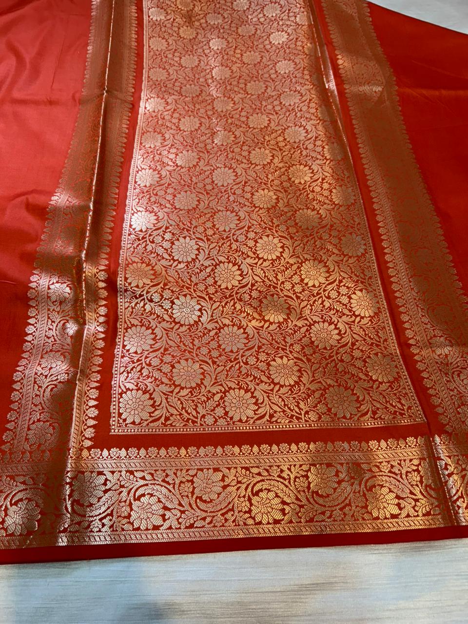 iPhone Orange Plain Semi Katan Silk Banarasi Saree with Brocade Blouse | Lightweight Golden Zari Saree