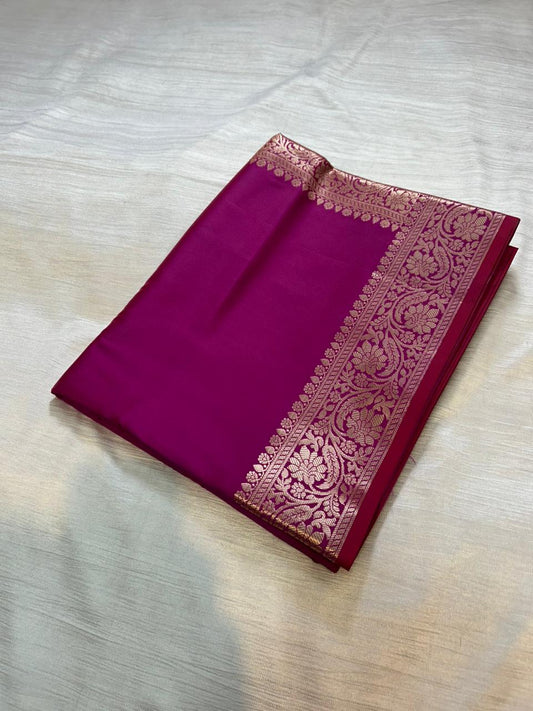 Magenta Pink Plain Semi Katan Silk Banarasi Saree with Brocade Blouse | Lightweight Golden Zari Saree