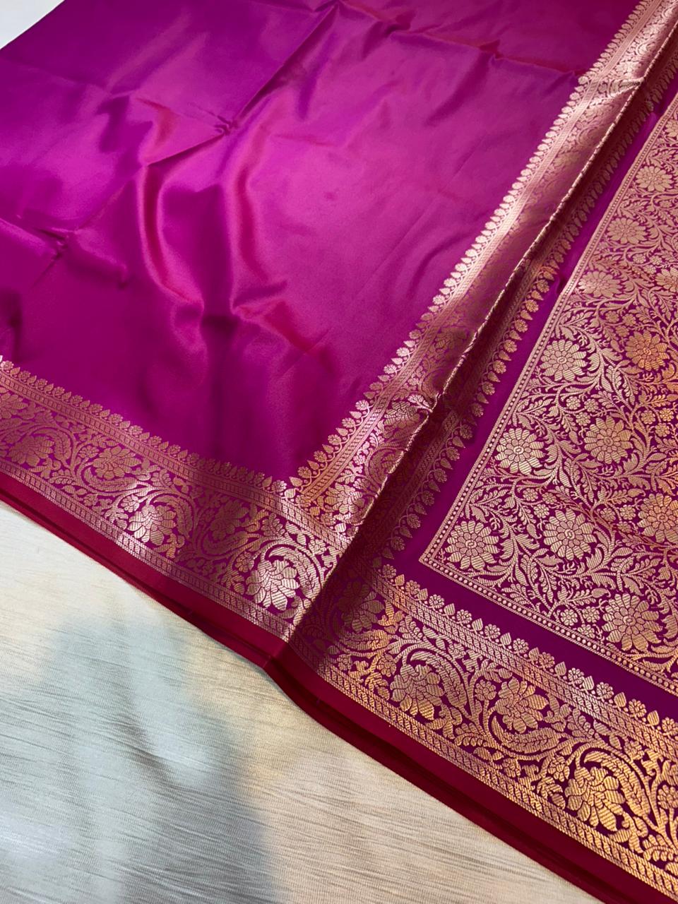 Magenta Pink Plain Semi Katan Silk Banarasi Saree with Brocade Blouse | Lightweight Golden Zari Saree