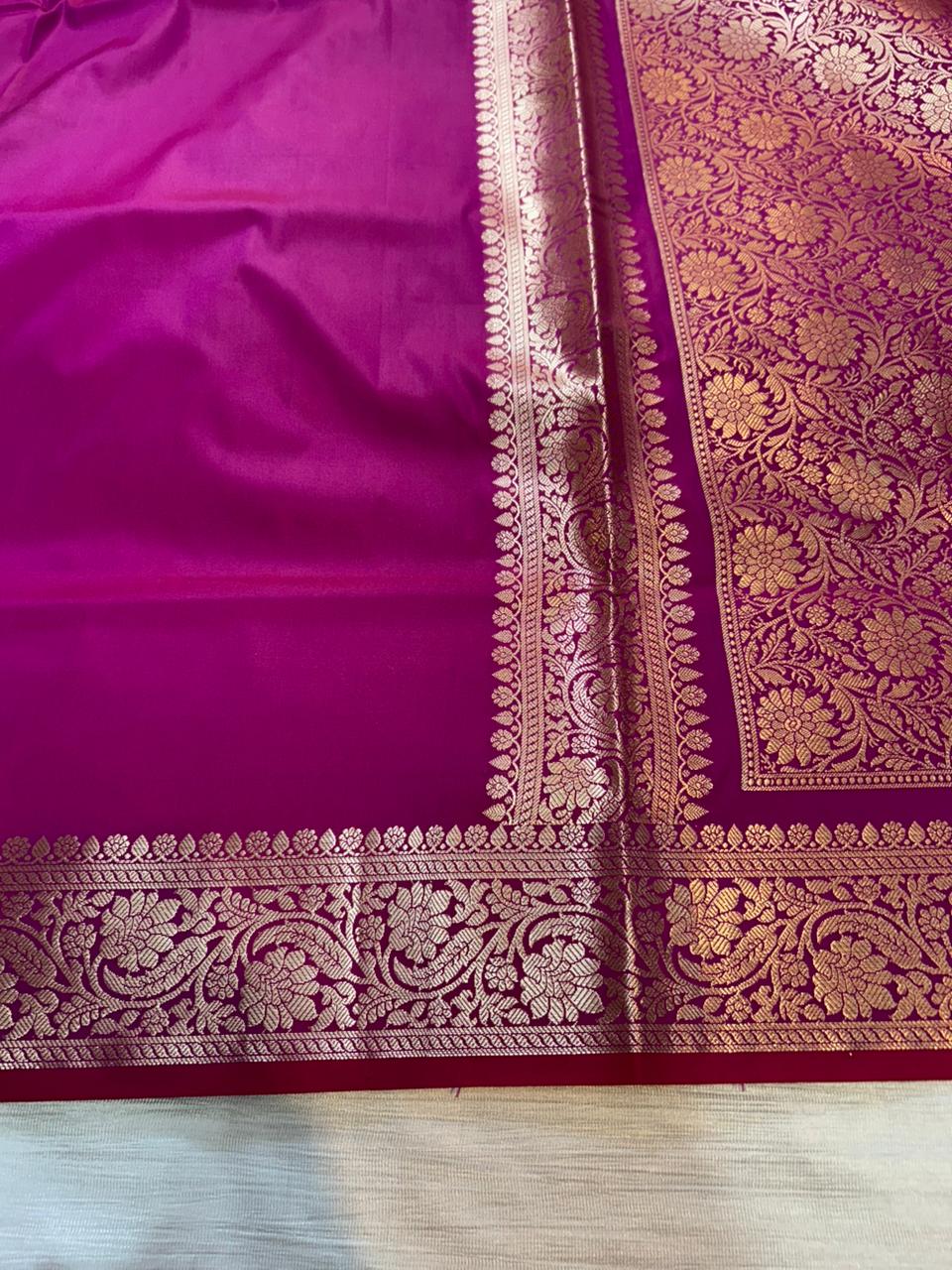 Magenta Pink Plain Semi Katan Silk Banarasi Saree with Brocade Blouse | Lightweight Golden Zari Saree