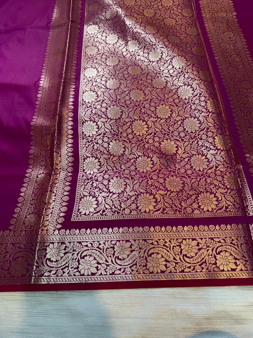 Magenta Pink Plain Semi Katan Silk Banarasi Saree with Brocade Blouse | Lightweight Golden Zari Saree