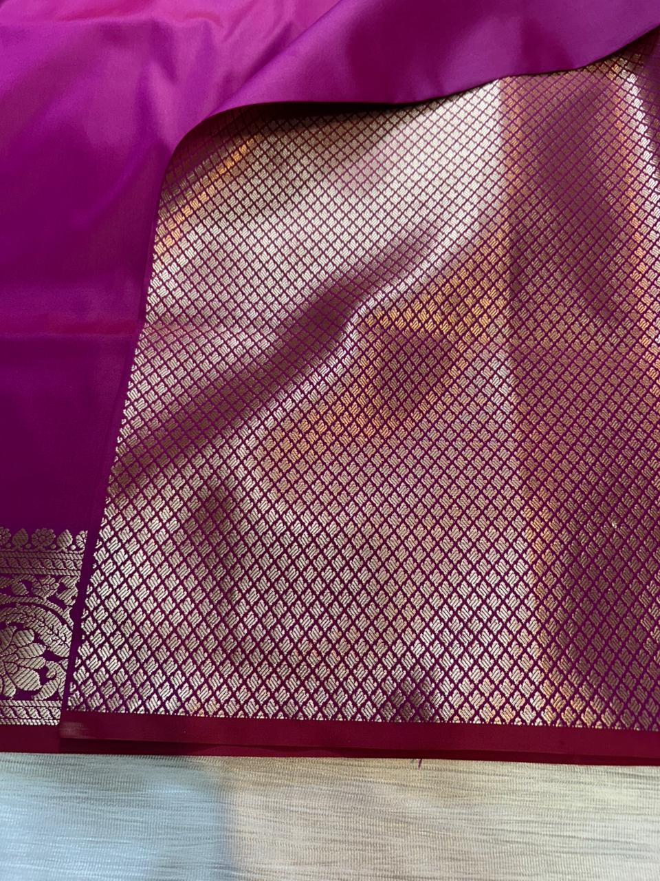 Magenta Pink Plain Semi Katan Silk Banarasi Saree with Brocade Blouse | Lightweight Golden Zari Saree