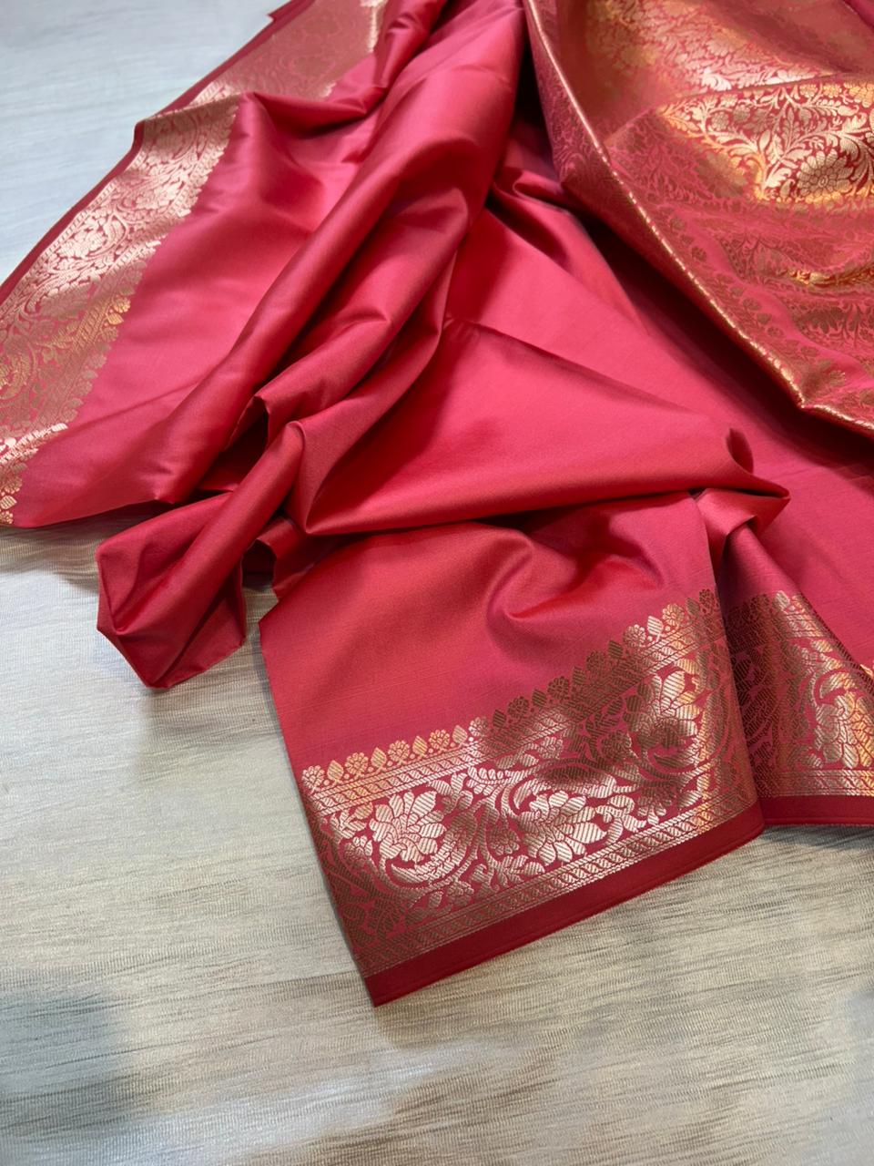 Gajri Pink Plain Semi Katan Silk Banarasi Saree with Brocade Blouse | Lightweight Golden Zari Saree