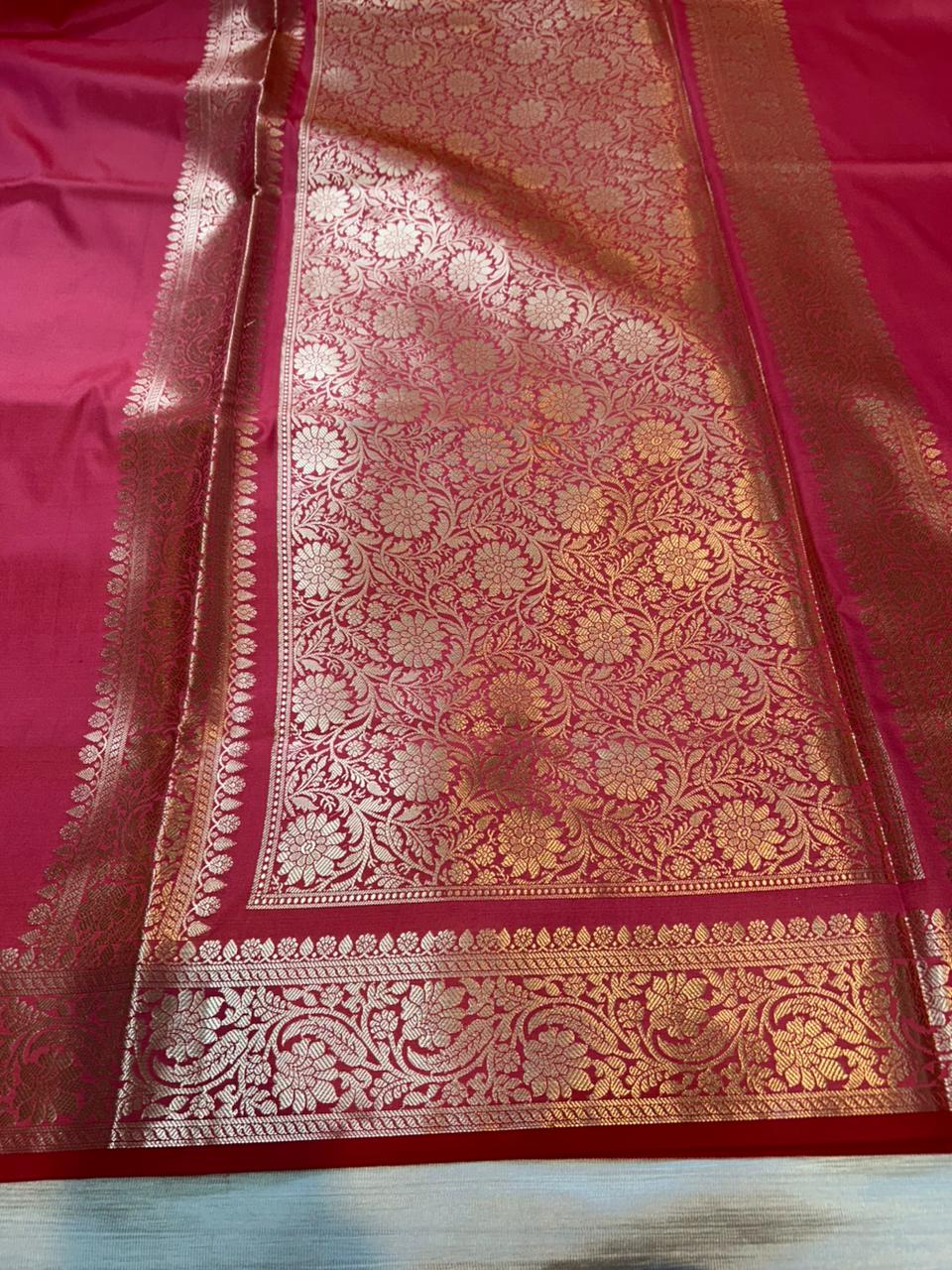 Gajri Pink Plain Semi Katan Silk Banarasi Saree with Brocade Blouse | Lightweight Golden Zari Saree
