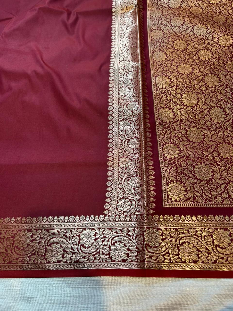 Maroon Plain Semi Katan Silk Banarasi Saree with Brocade Blouse | Lightweight Golden Zari Saree