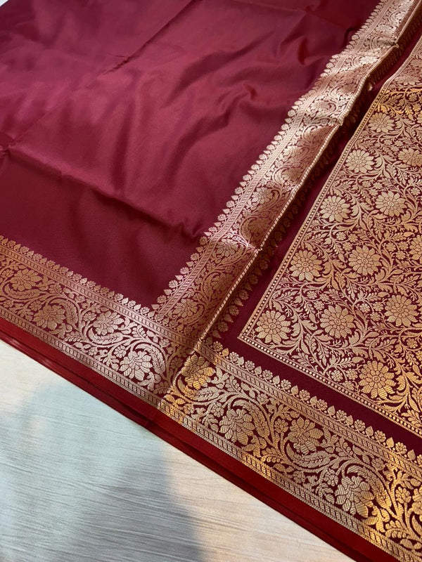 Maroon Plain Semi Katan Silk Banarasi Saree with Brocade Blouse | Lightweight Golden Zari Saree