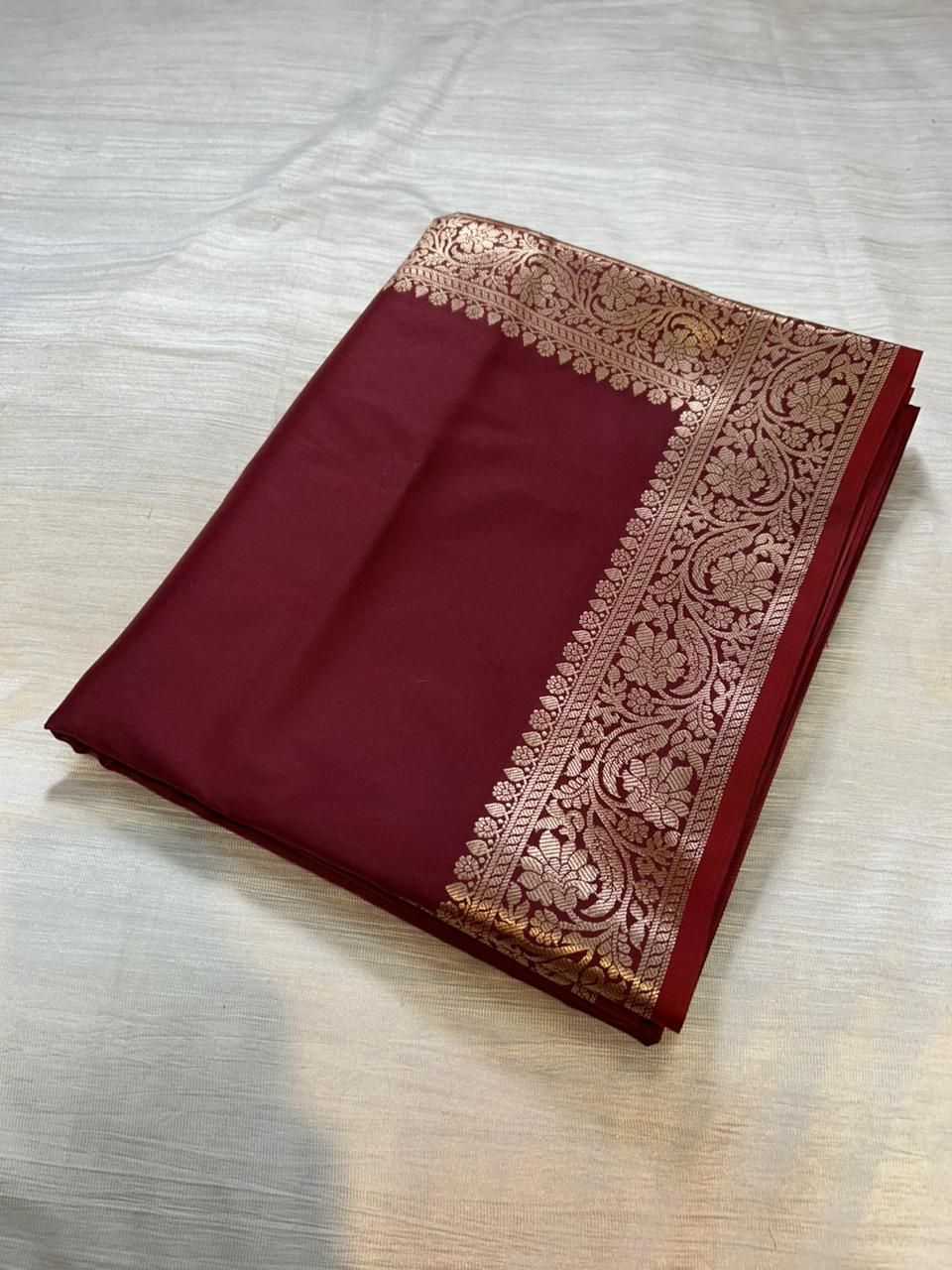 Maroon Plain Semi Katan Silk Banarasi Saree with Brocade Blouse | Lightweight Golden Zari Saree