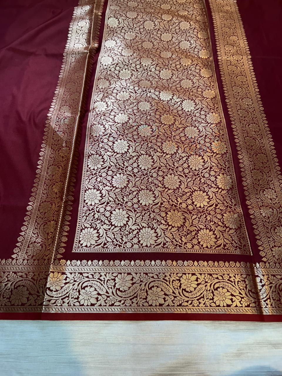 Maroon Plain Semi Katan Silk Banarasi Saree with Brocade Blouse | Lightweight Golden Zari Saree