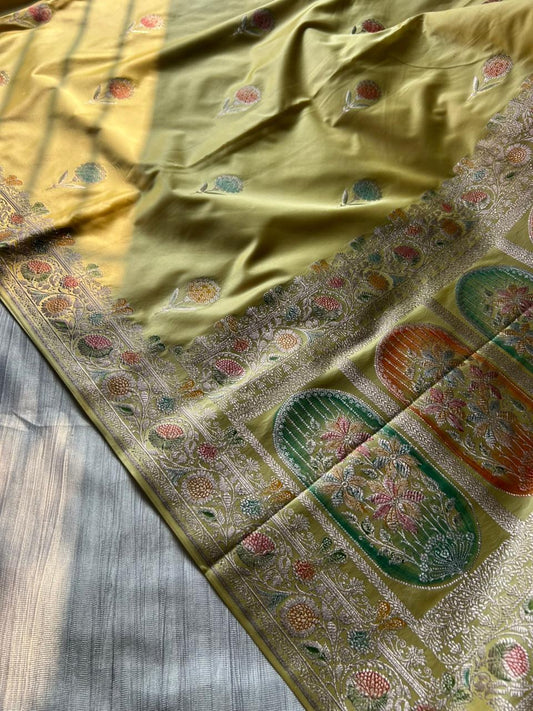Lemon Yellow Mashru Silk Saree with Hand-Painted Meenakari Pallu