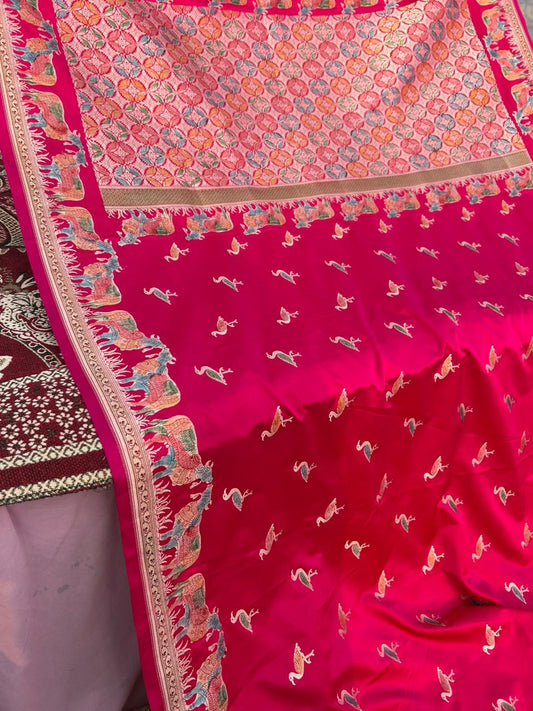 Rani Pink Mashru Katan Silk Saree with Hand-Painted Meenakari & Pichwai Sikargha Border
