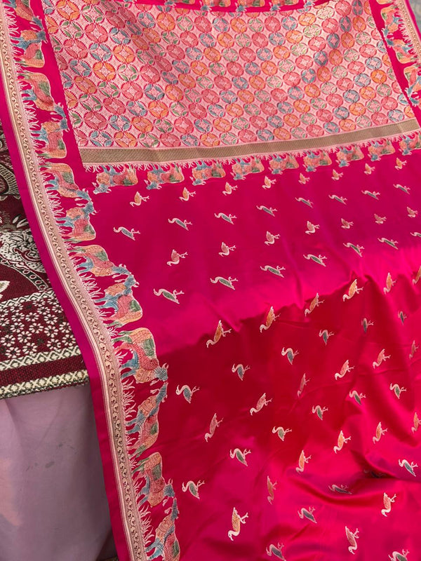 Rani Pink Mashru Katan Silk Saree with Hand-Painted Meenakari & Pichwai Sikargha Border