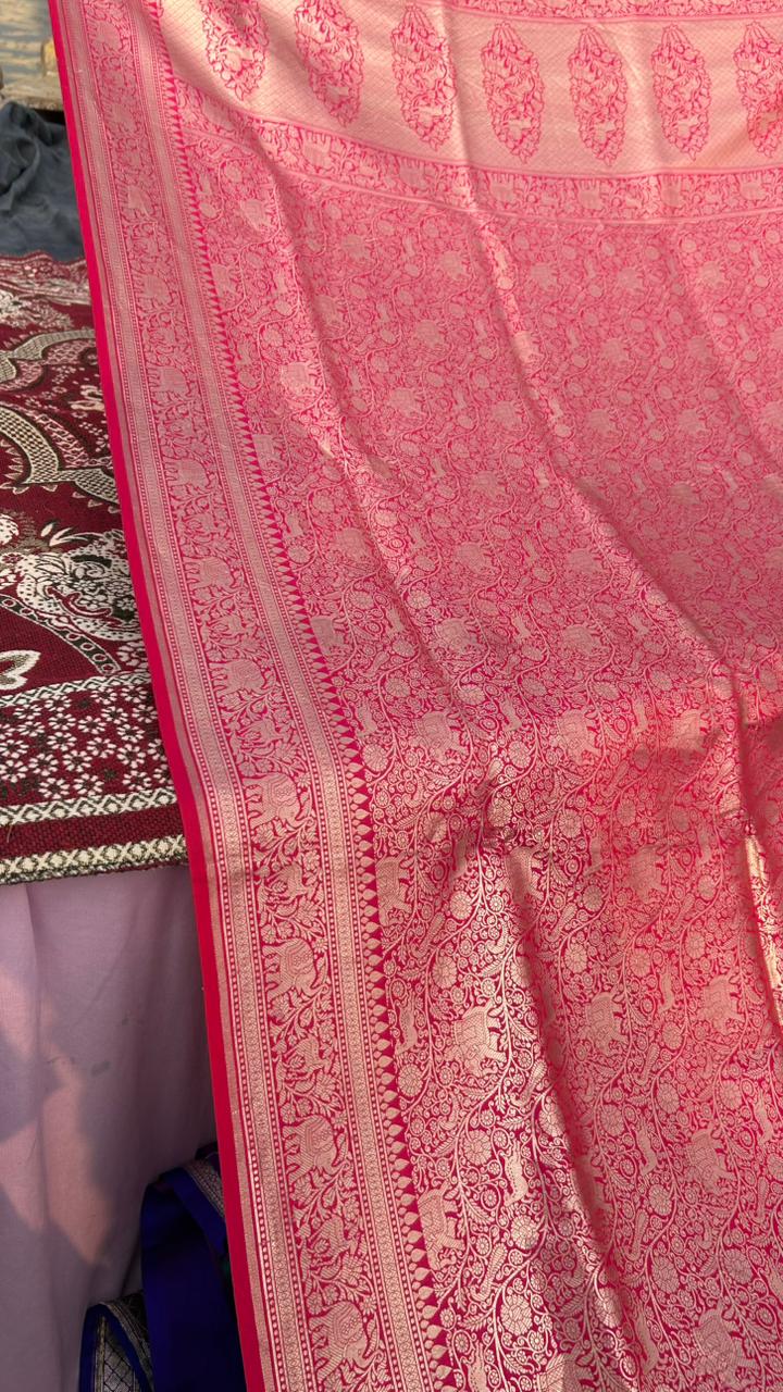 Hot Pink Pure Katan Silk Banarasi Saree – Traditional Shikargah Motifs | Luxury Handloom Wedding Saree