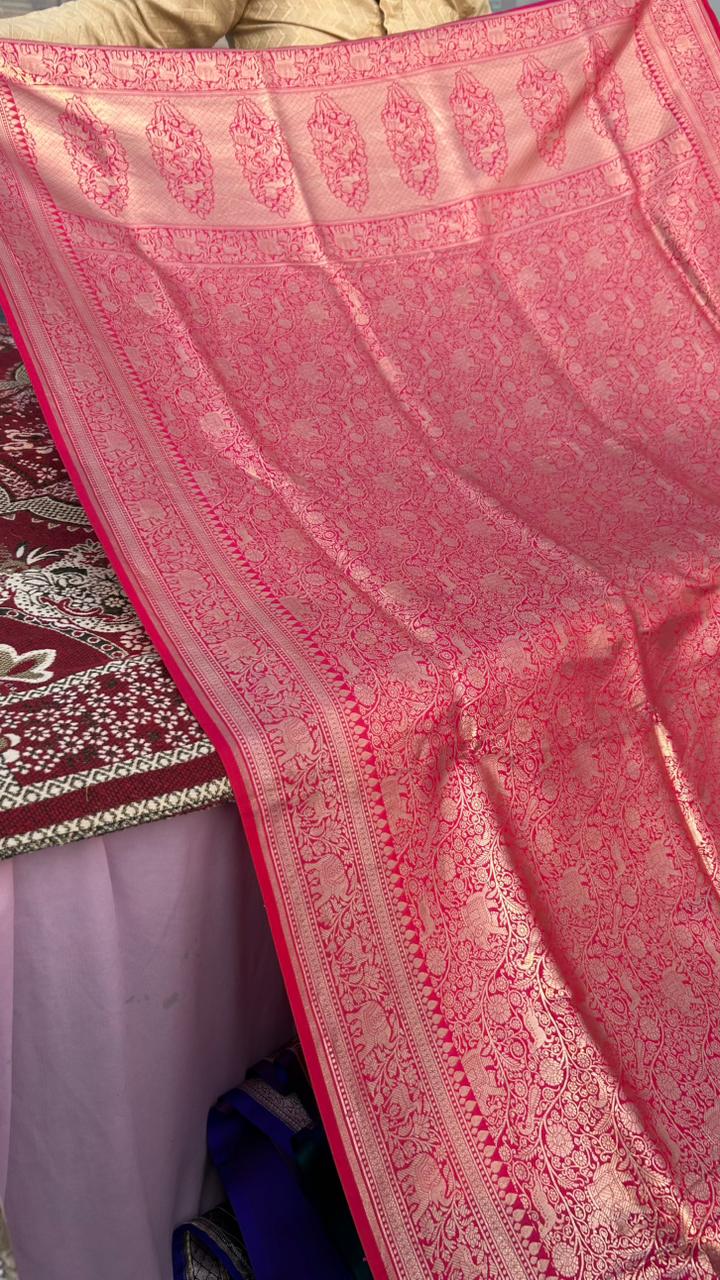 Hot Pink Pure Katan Silk Banarasi Saree – Traditional Shikargah Motifs | Luxury Handloom Wedding Saree
