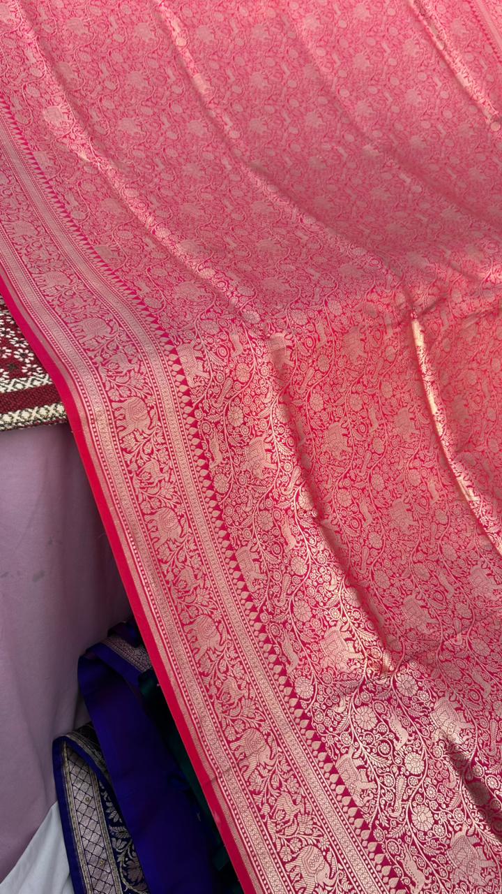Hot Pink Pure Katan Silk Banarasi Saree – Traditional Shikargah Motifs | Luxury Handloom Wedding Saree