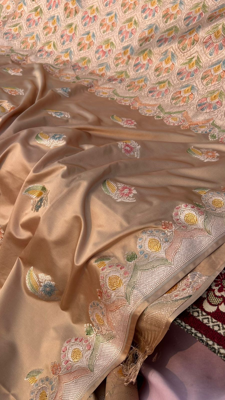Majestic Camel Copper Handbrush Mashru Silk Saree – Hand Painted Meenakari | Scallop Border Banarasi Saree