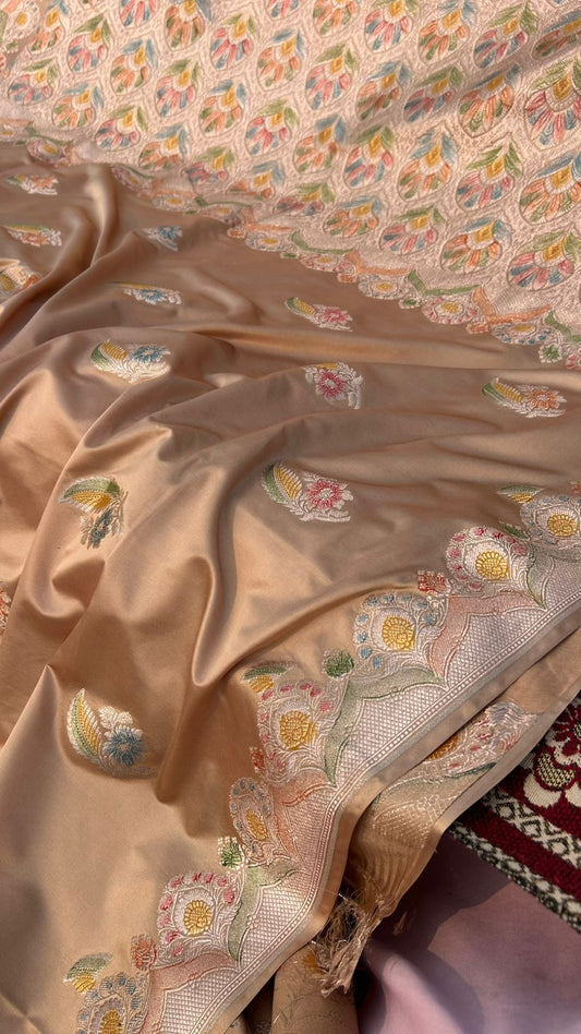 Majestic Camel Copper Handbrush Mashru Silk Saree – Hand Painted Meenakari | Scallop Border Banarasi Saree