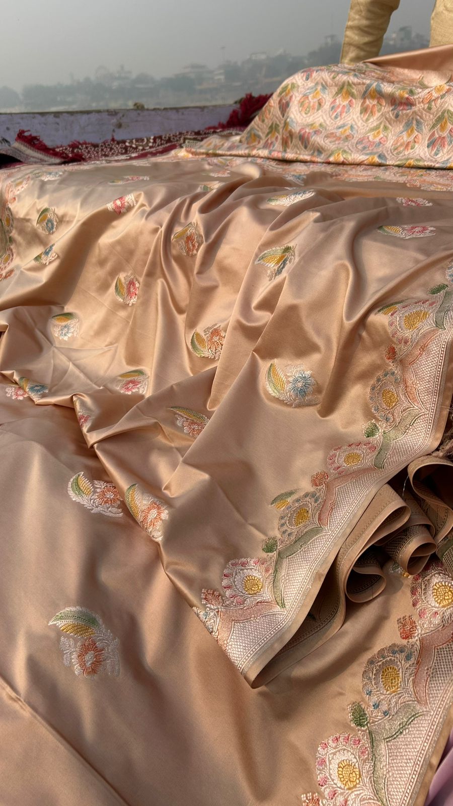 Majestic Camel Copper Handbrush Mashru Silk Saree – Hand Painted Meenakari | Scallop Border Banarasi Saree