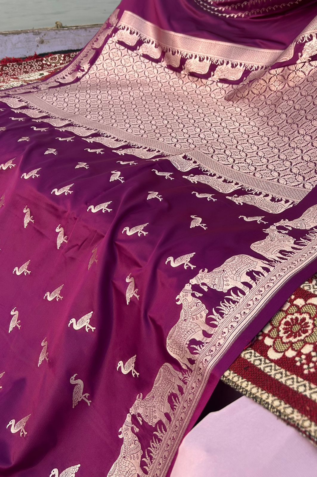 Magenta Purple Mashru Katan Silk Saree – Nandi Bail Border & Siberian Bird Motifs | Artistic Banarasi Saree