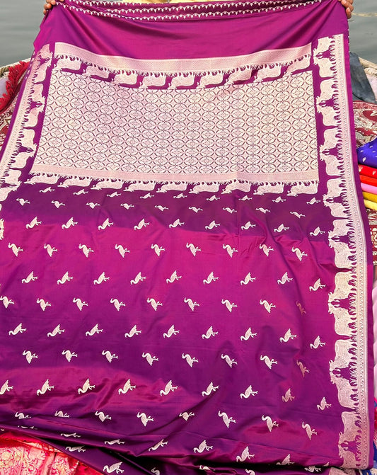 Magenta Purple Mashru Katan Silk Saree – Nandi Bail Border & Siberian Bird Motifs | Artistic Banarasi Saree