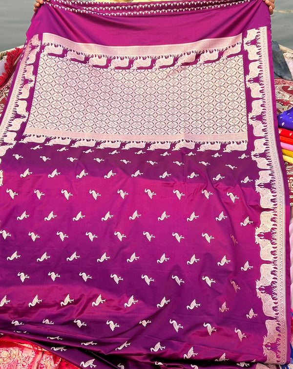 Magenta Purple Mashru Katan Silk Saree – Nandi Bail Border & Siberian Bird Motifs | Artistic Banarasi Saree