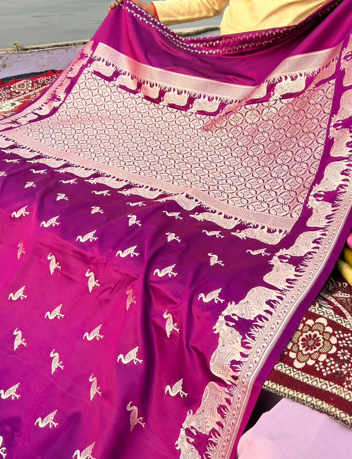 Magenta Purple Mashru Katan Silk Saree – Nandi Bail Border & Siberian Bird Motifs | Artistic Banarasi Saree